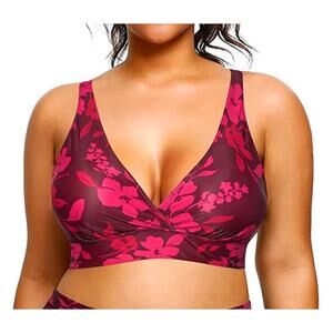Yonique Plus Size V Neck Criss Cross Back Red Flower Bikini Top NWT Size 18W